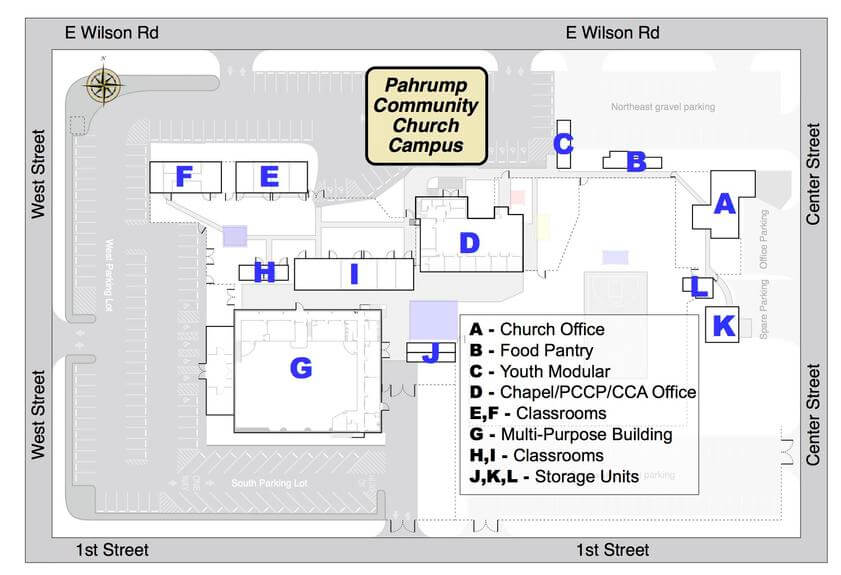 Pahrump Community Church Campus showing the locations of the Church Office, Food Pantry, Youth Modular, Chapel/PCCP/CCA Office, Classrooms, Multipurpose Building, Classrooms and Storage Units